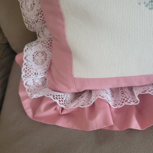 Handmade Pink & White Ruffled Throw Pillow With Cross-Stitch Farmhouse Design - Picture 4 of 7